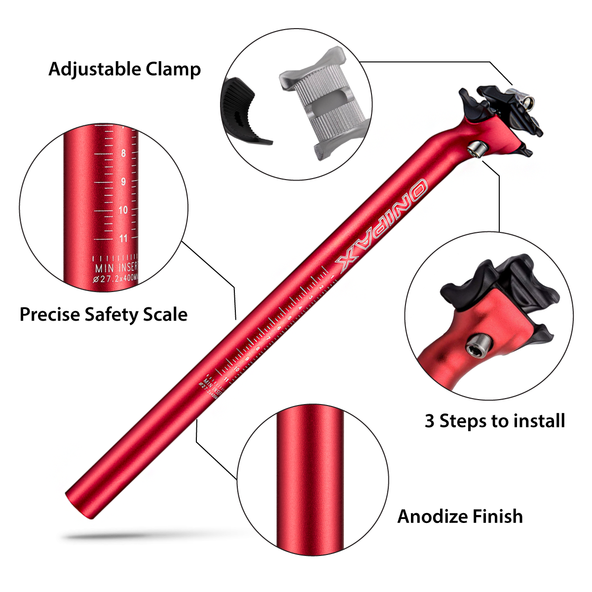 ONIPAX Forged Aluminum Seatpost 400mm 27.2mm Black/Red/Blue/Gold.