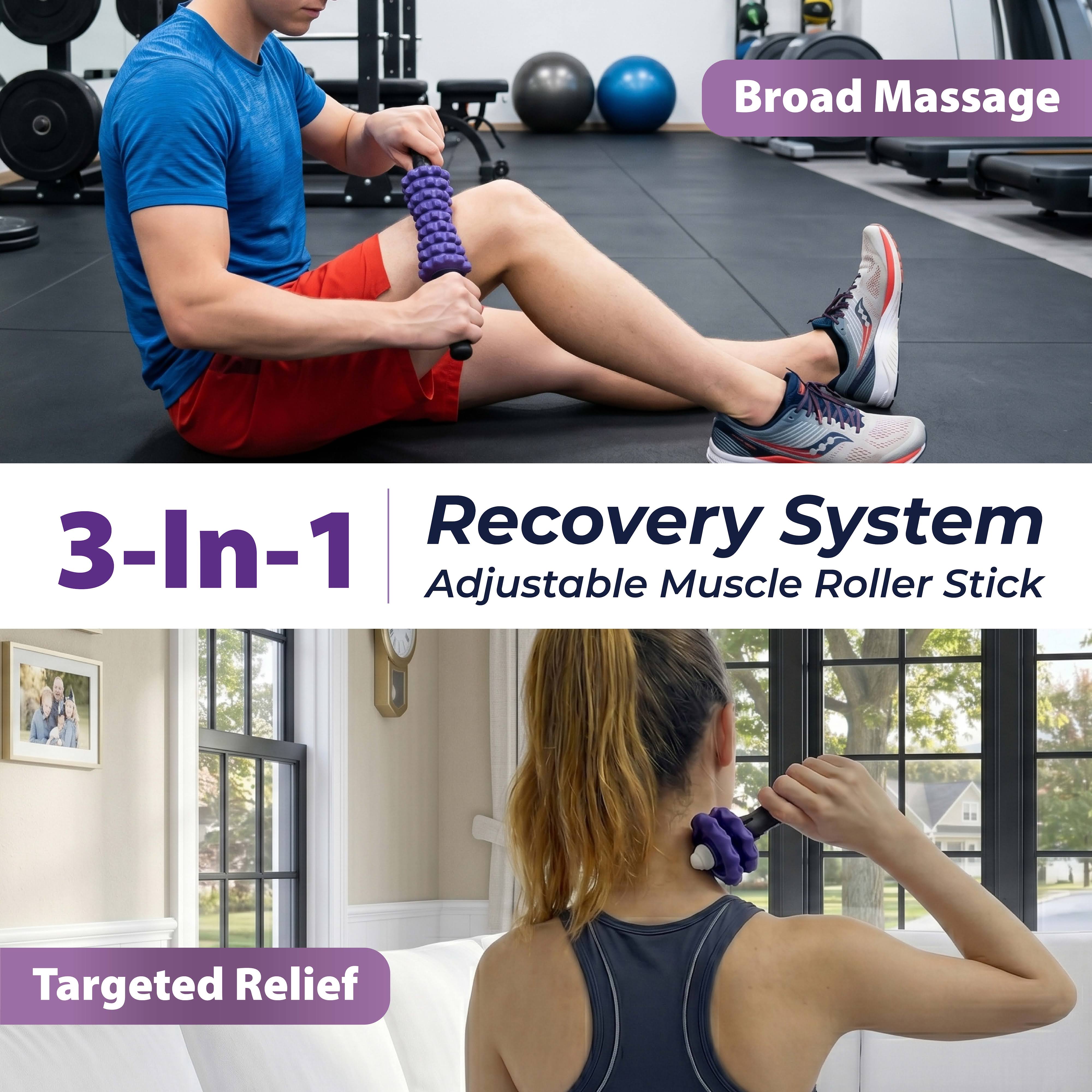 3-in-1 Muscle Roller Stick - Adjustable Deep Tissue Massage Tool | 8-Gear Adjustable, POM Core, Portable for Neck, Back & Calf Relief - Ideal for Post-Workout Recovery & Muscle Tension Relief
