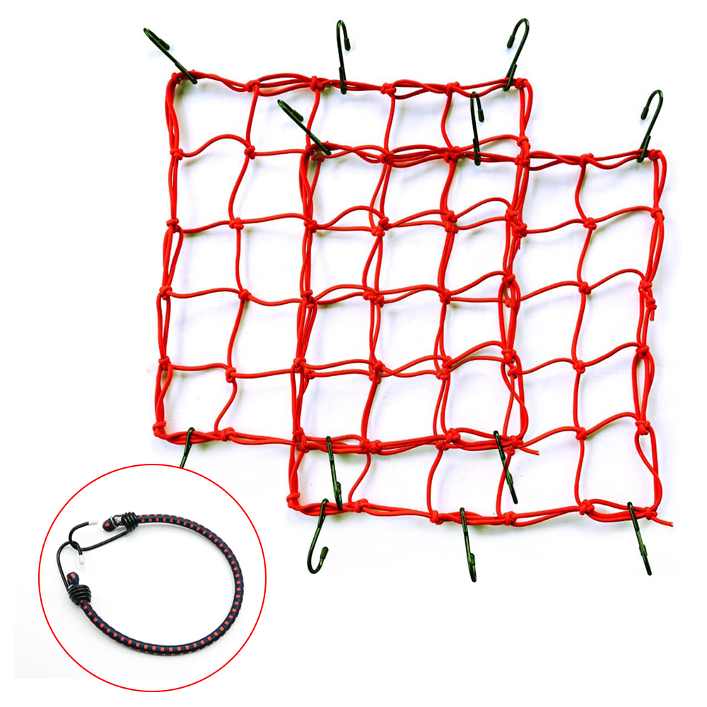 ONIPAX 15x 15 High Elastic Bungee Cargo Net with 6 Hooks for Bicycle Motorcycle Red / 2pcs Net with 1Pcs Bungee Cords
