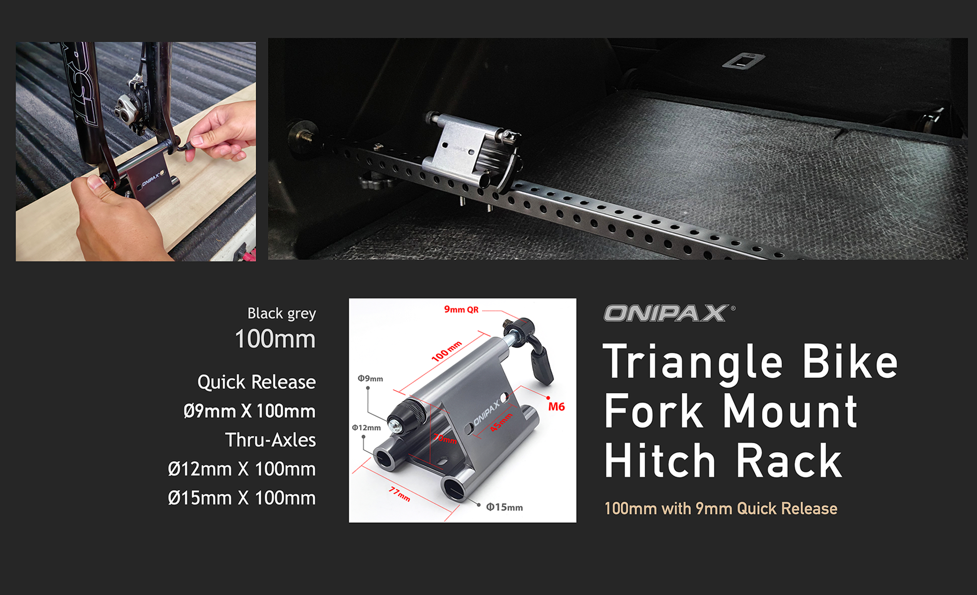Onipax Triangle Bike Fork Mount Hitch Rack 100mm with 9mm Quick Release